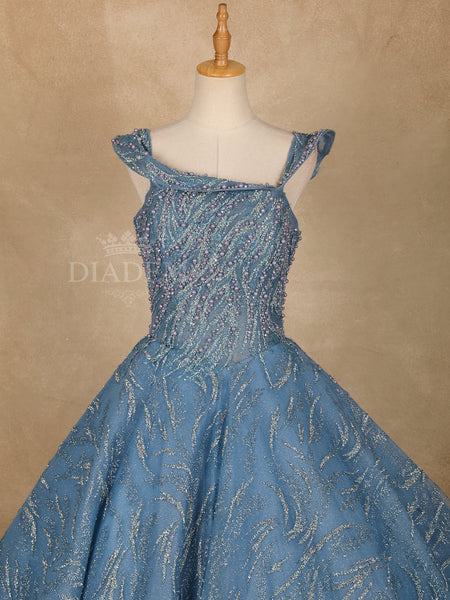 Blue Beaded Bridal Reception Net Ball Gown - Diadem