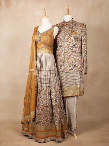 Beige Couple Pair Set Dress Adorned with Paisley Prints Gown and Sherwani - Diadem