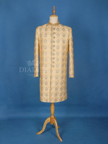 Beige Floral Designed Sherwani