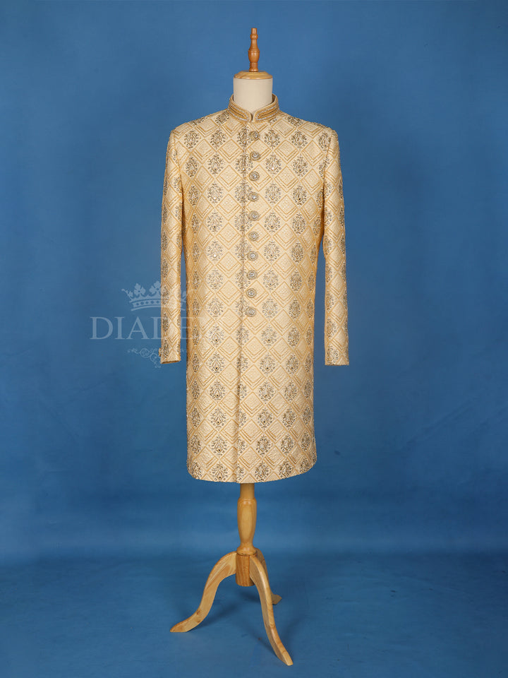 Beige Floral Designed Sherwani