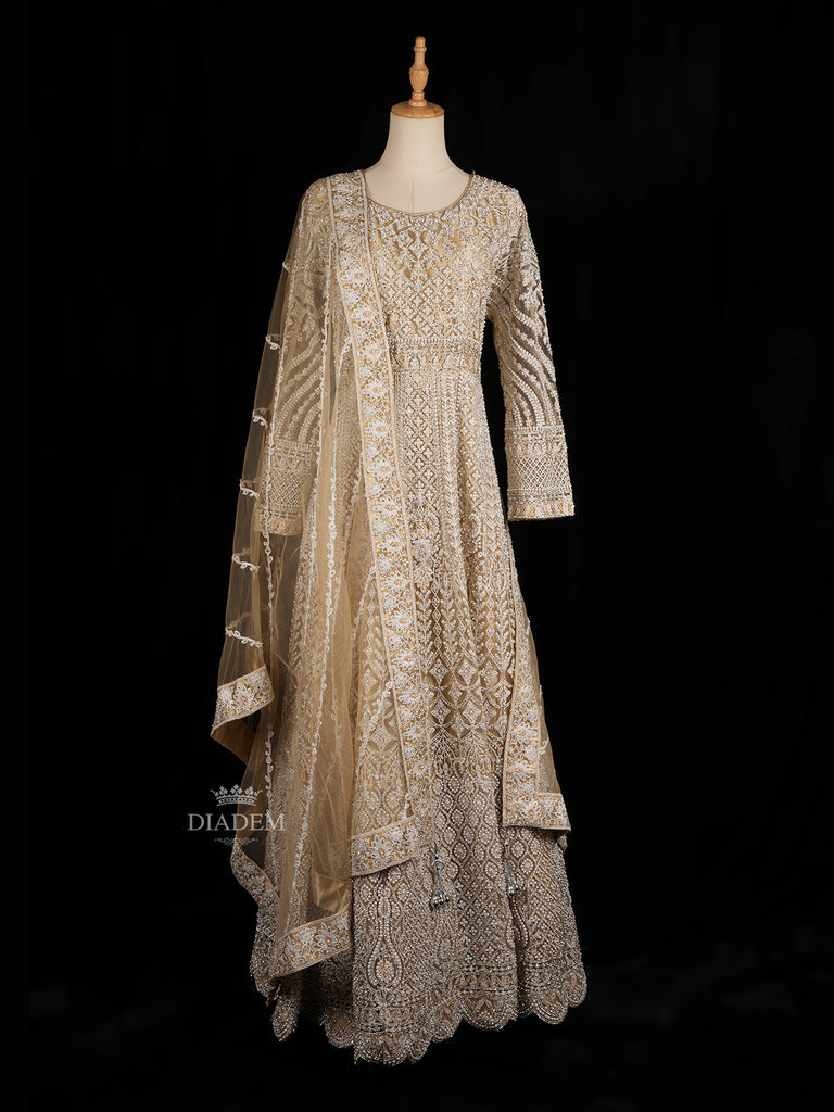 Beige Floral Embroidery Designed Net Gown