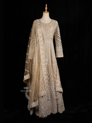 Beige Net Engagement Gown with Floral Embroidery Design and Net Dupatta - Diadem