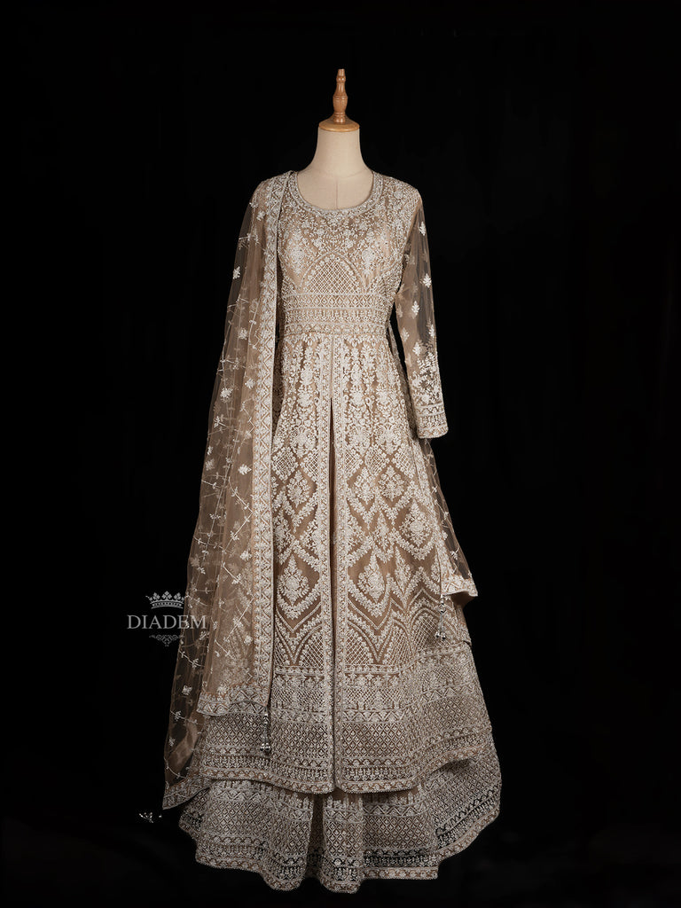 Beige Floral Embroidery Net Gown