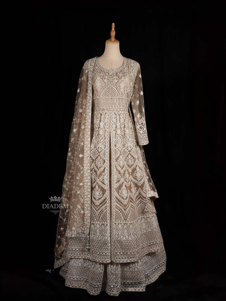 Beige Net Engagement Gown for Bride with Floral Embroidery and Net Dupatta - Diadem