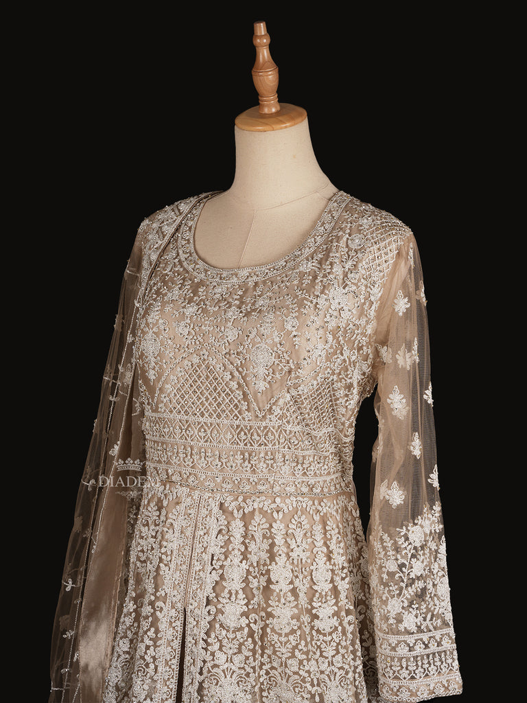 Net Gown in Beige with Floral Embroidery