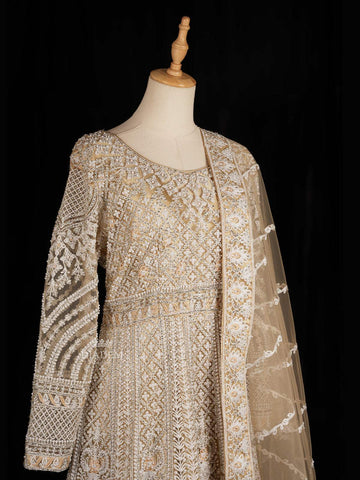 Beige Net Engagement Gown with Floral Embroidery Design and Net Dupatta - Diadem