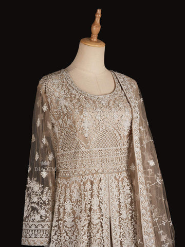 Beige Net Engagement Gown for Bride with Floral Embroidery and Net Dupatta - Diadem