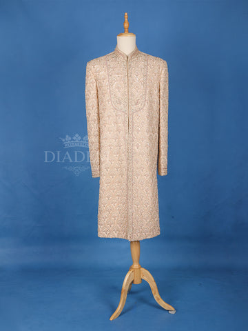 Beige Raw Silk Floral Designed Sherwani