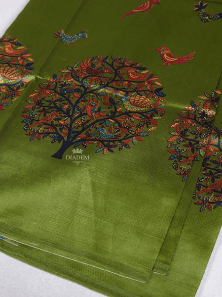 Green Poly Cotton Saree With Bird and Tree Patterns on the Body with Matching Border - Diadem