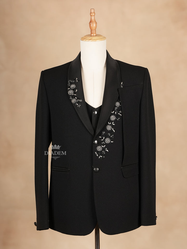 Black Coat Suit with Floral Embroidery and Tie