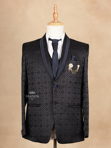 Black Coat Suit with Floral Embroidery and Tie