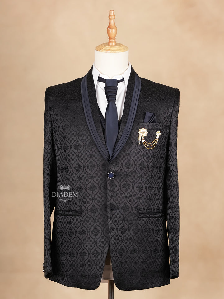 Black Coat Suit with Floral Embroidery and Tie