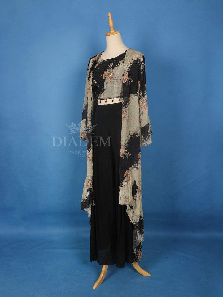 Black Floral Printed Crepe Palazzo Salwar Suit - Diadem