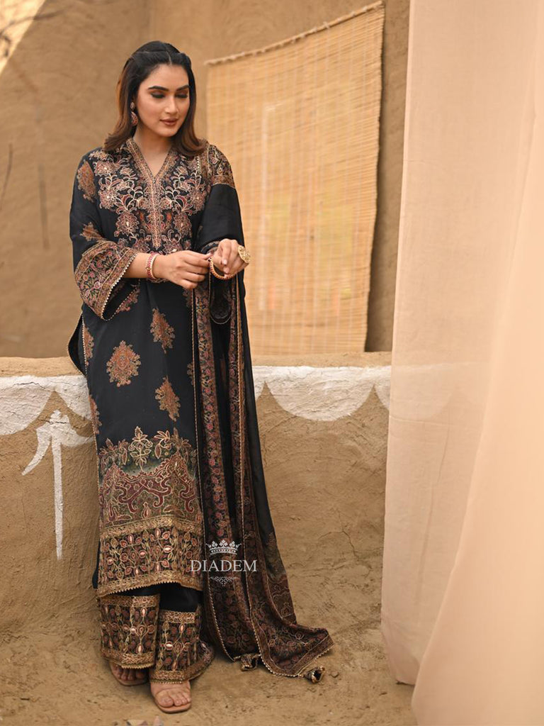 Black Floral Embroidered Crepe Palazzo