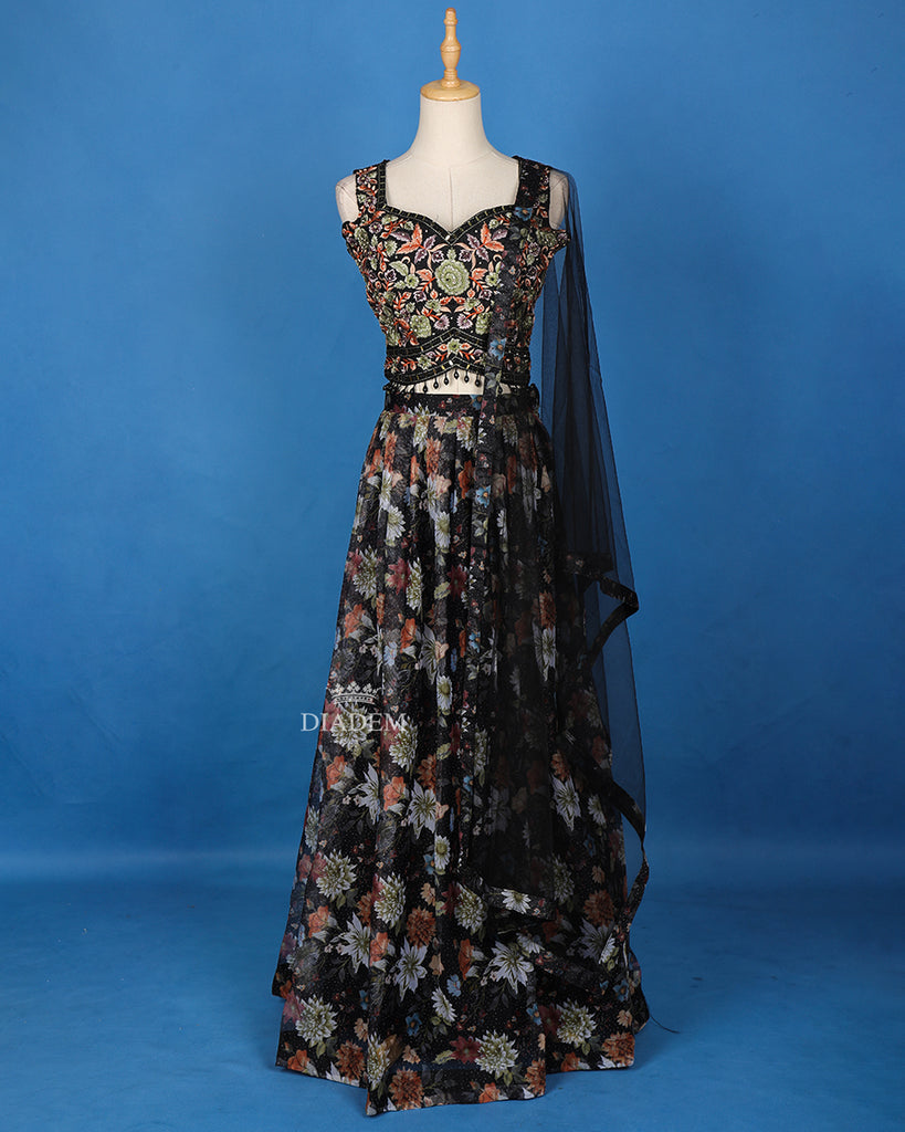 Black Floral Embroidered Organza Lehenga 