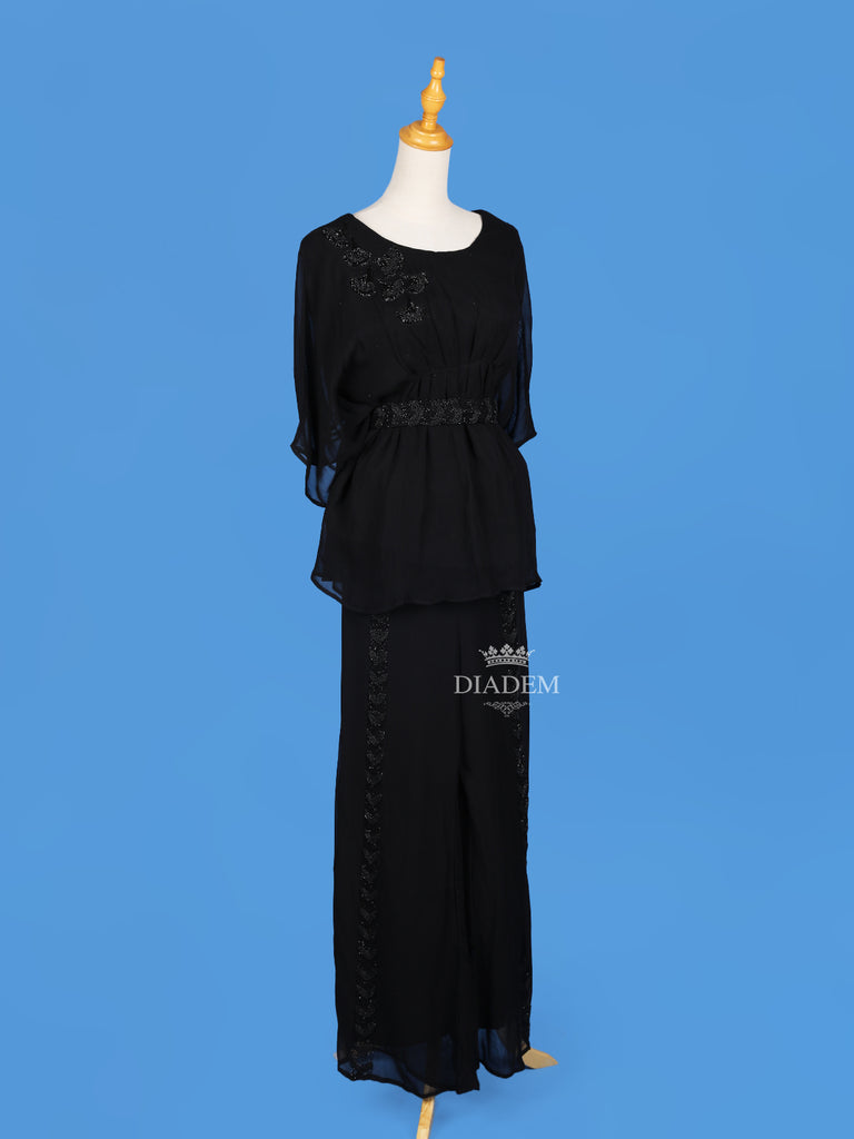 Floral Printed Black Palazzo Suit with U-Neckline