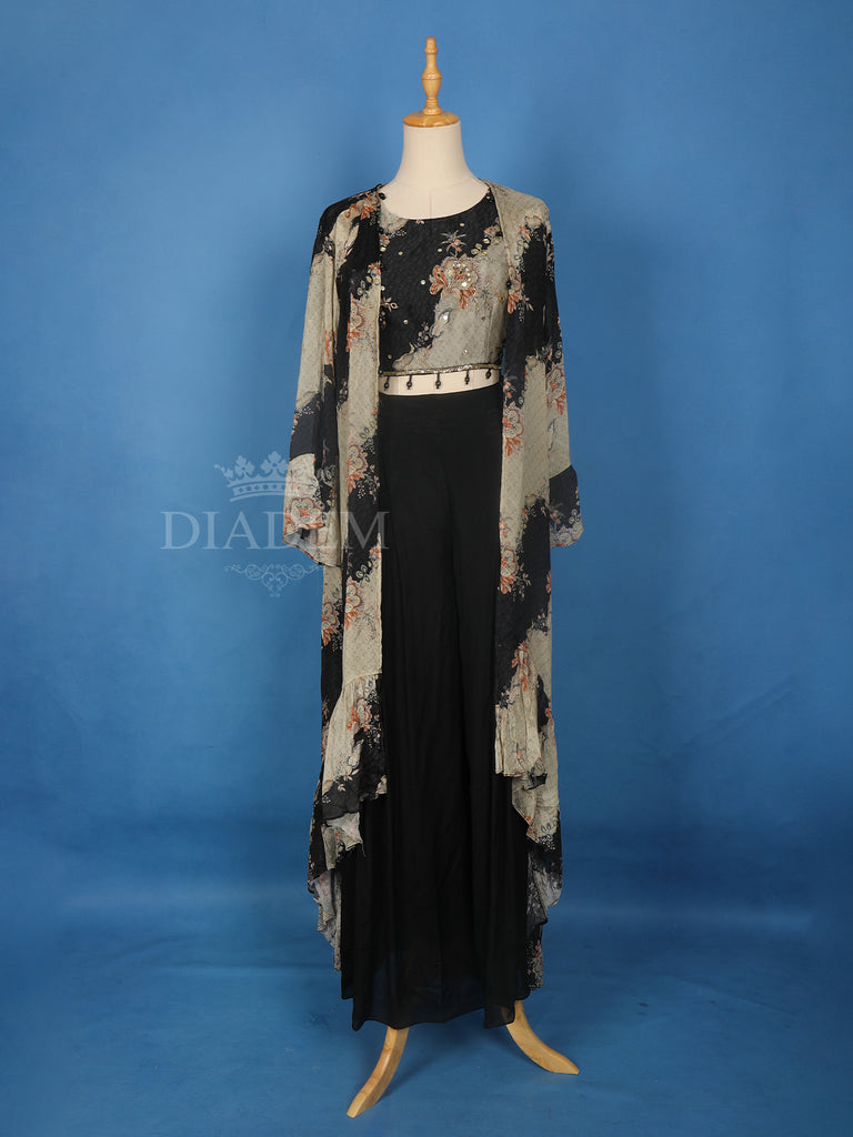 Black Floral Printed Crepe Palazzo Suit