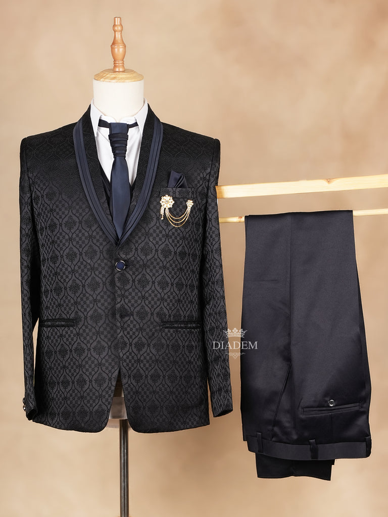 Floral Design Black Coat Suit with Tie