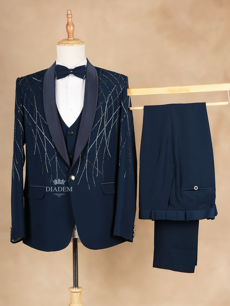 Blended Cotton Navy Blue Suit with Bow