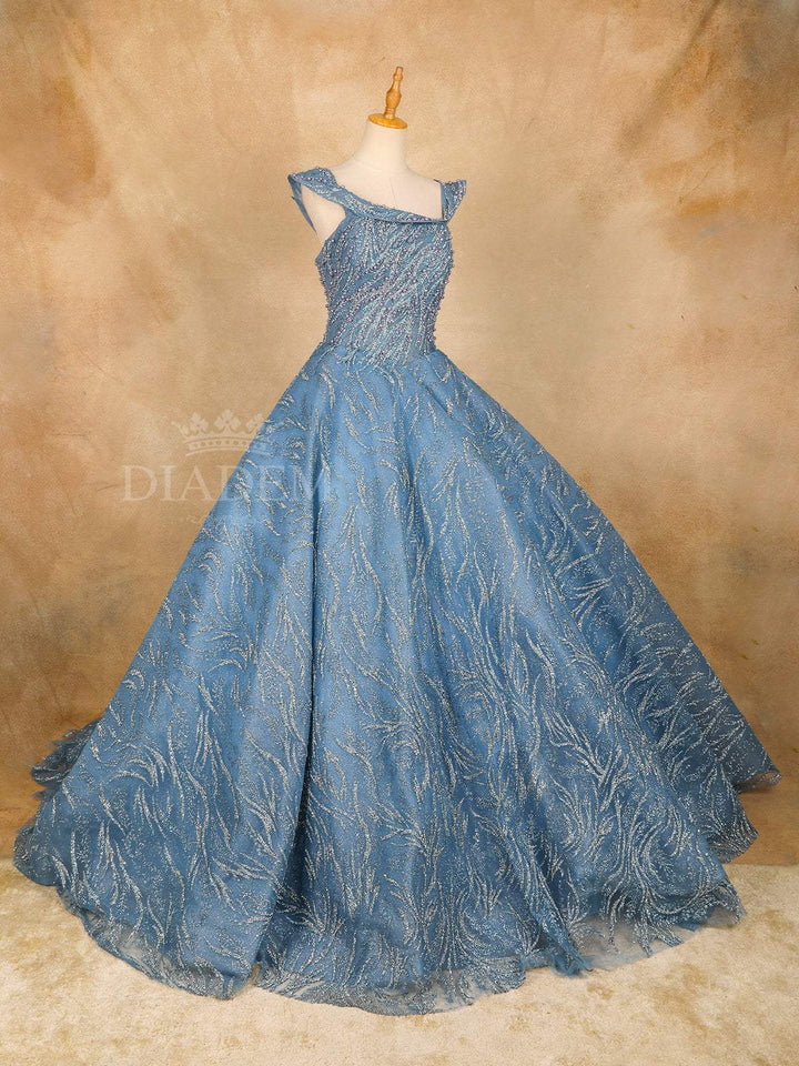 Blue Beaded Bridal Reception Net Ball Gown - Diadem