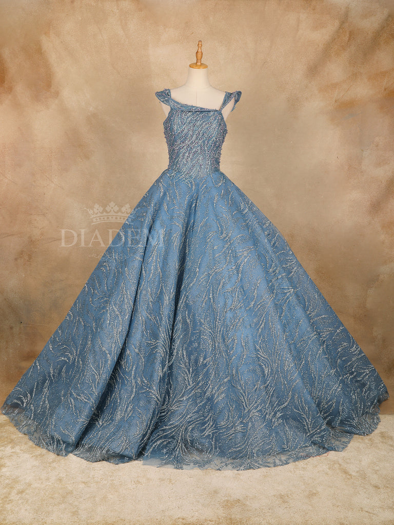 Blue Beaded Net Ball Gown