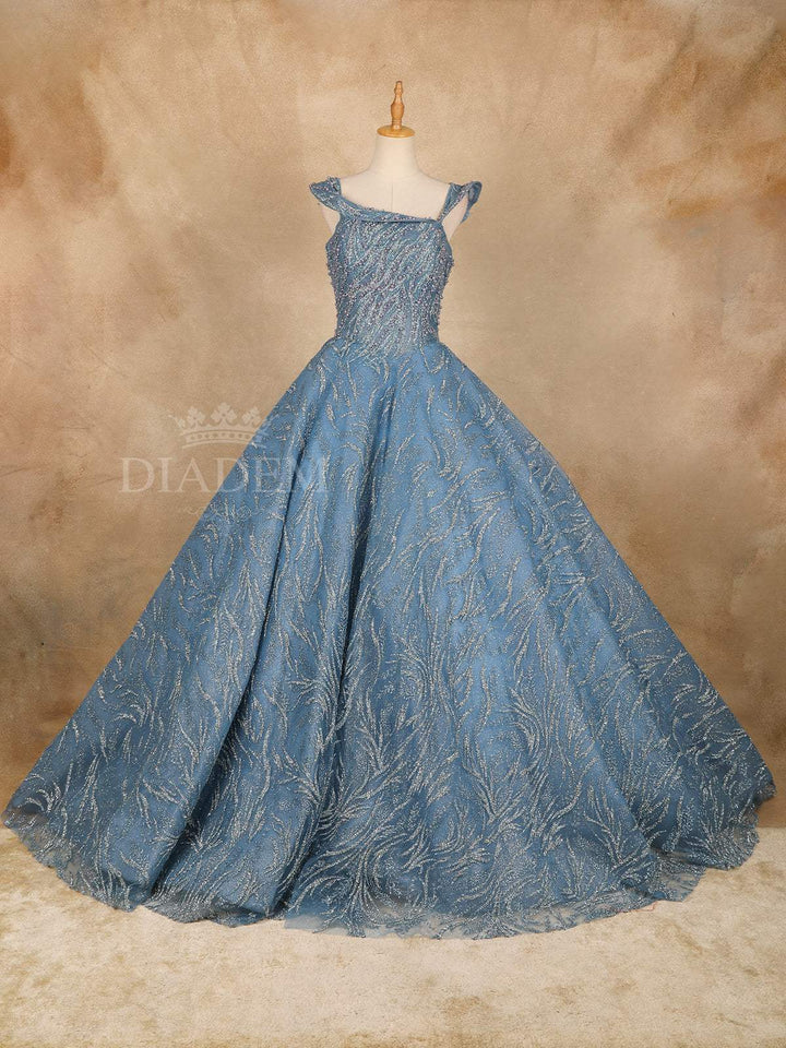 Blue Beaded Bridal Reception Net Ball Gown - Diadem