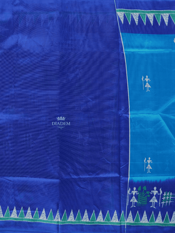 Sky Blue Poly Cotton Saree With Warli Patterns on the Body with Contrast Border - Diadem