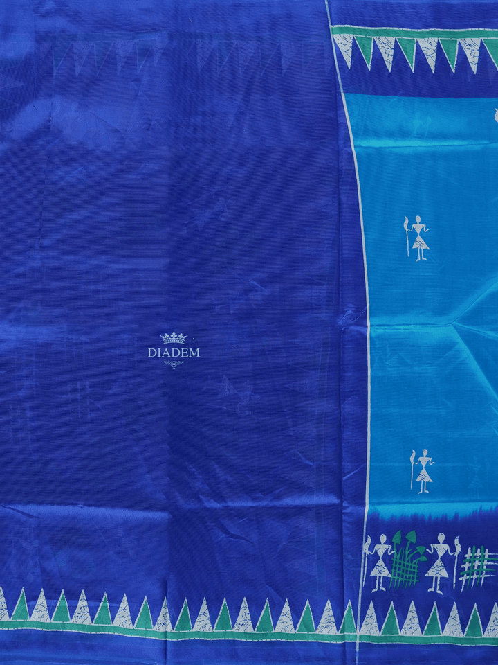 Sky Blue Poly Cotton Saree With Warli Patterns on the Body with Contrast Border - Diadem