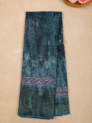 Blue Cotton Saree With Leaf Patterns On the Body with Broad and Small Border - Diadem