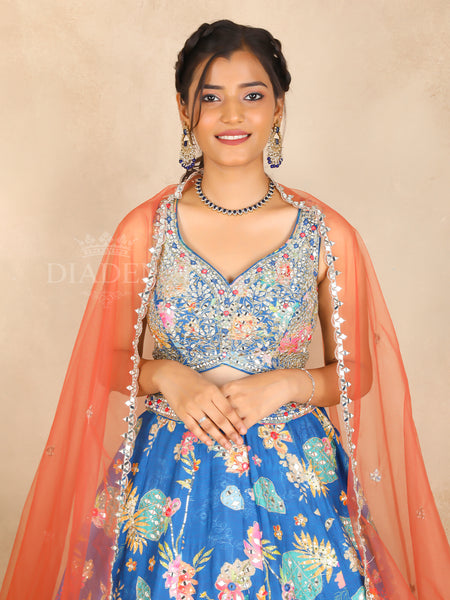 Floral Design Blue Silk Lehenga