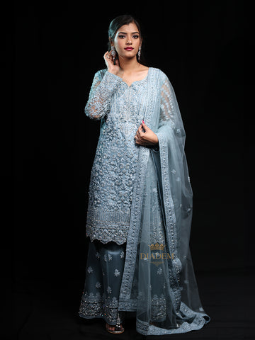 Blue Floral Embroidered Sharara Salwar