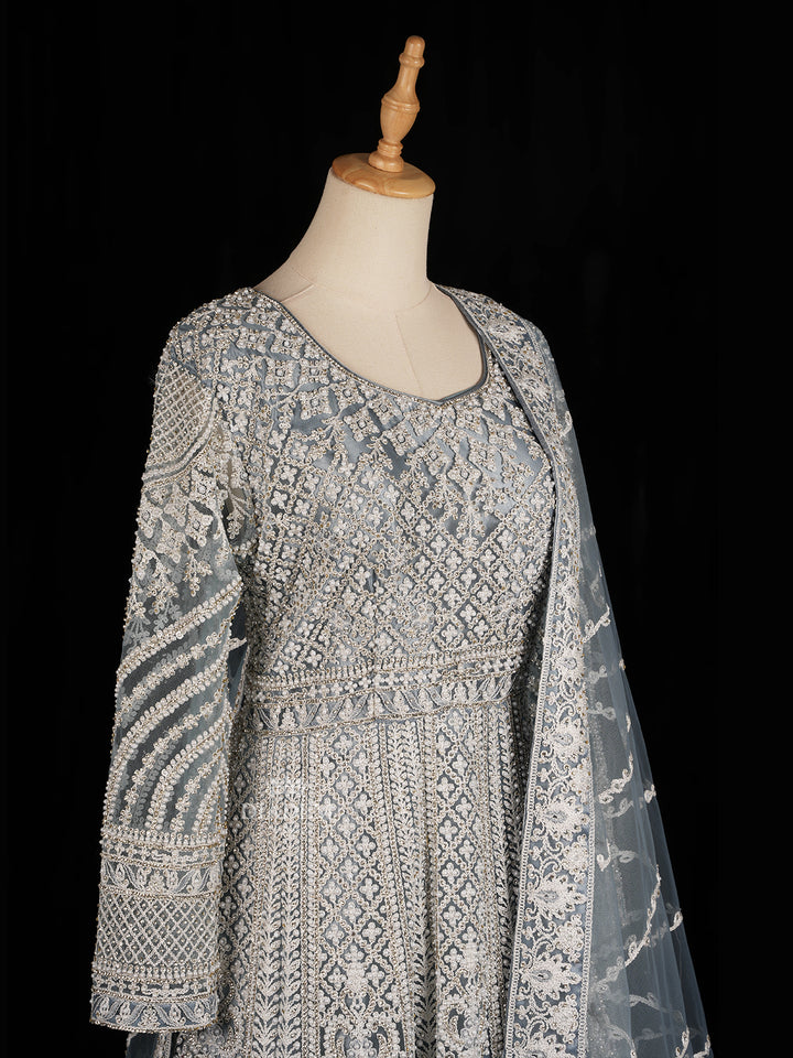 Embroidered Net Gown in Blue with Dupatta