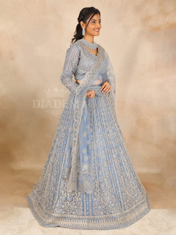 Blue Grey Bridal Lehenga for Women with Floral Embroidery - Diadem