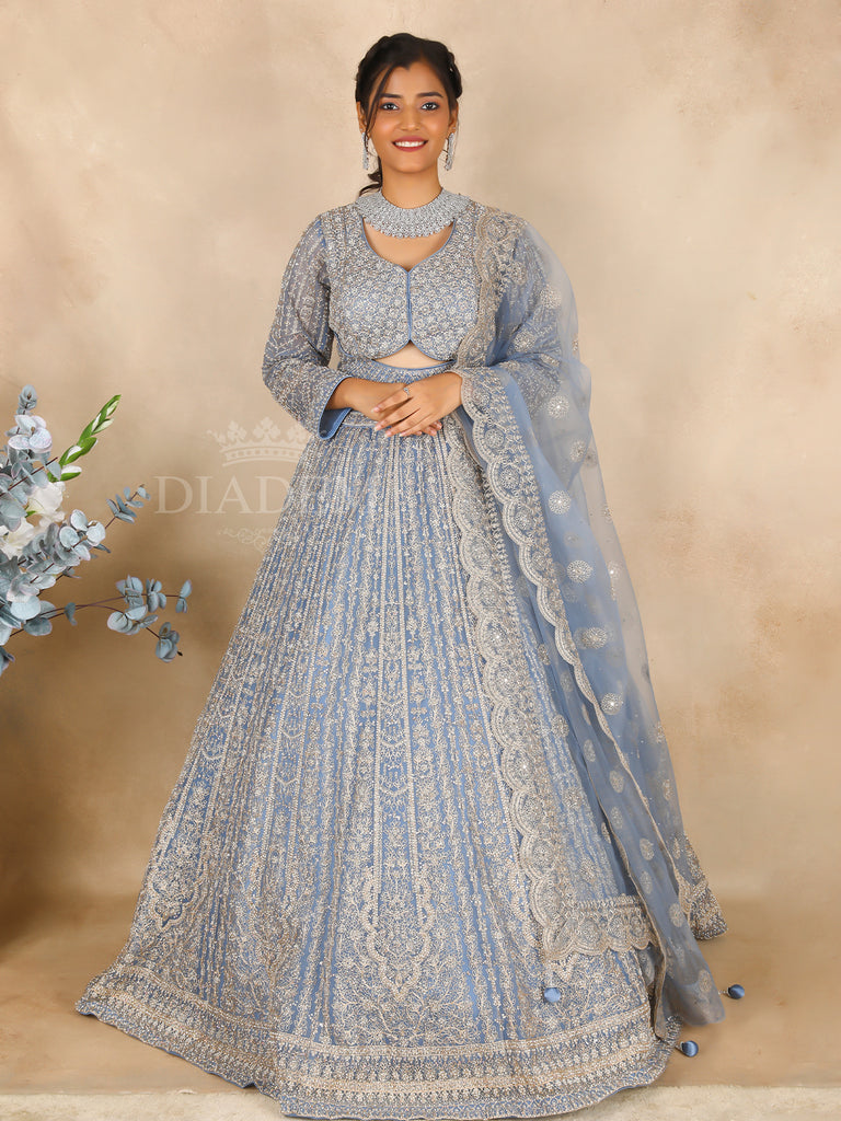 Blue Grey Floral Embroidered Lehenga