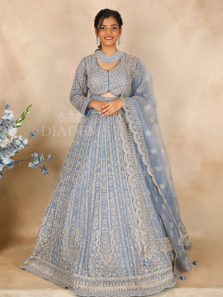 Blue Grey Bridal Lehenga for Women with Floral Embroidery - Diadem