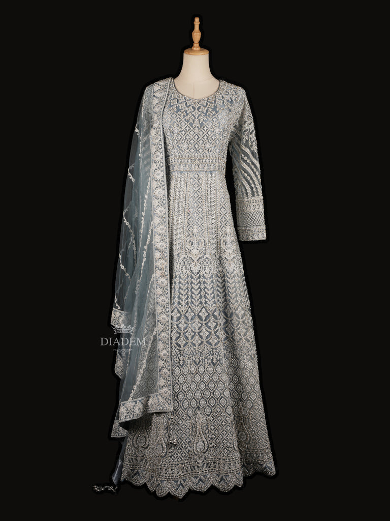 Blue Grey Floral Embroidery Net Gown