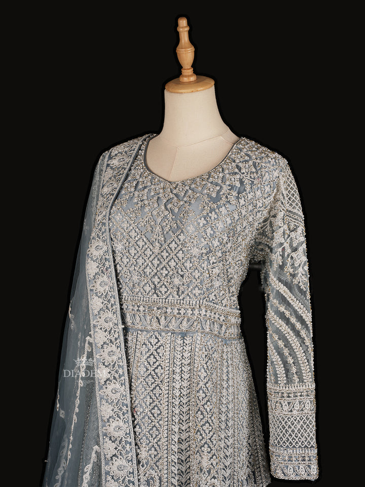 Net Gown in Blue Grey with Floral Embroidery