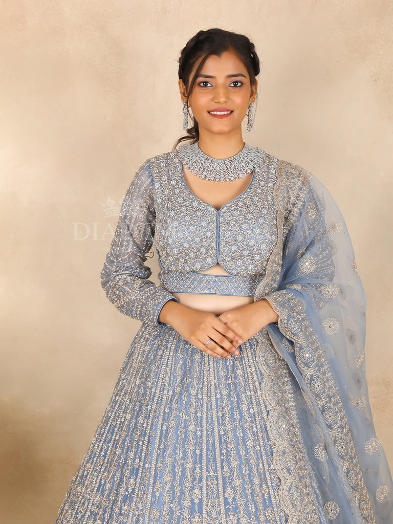 Floral Embroidery Blue Grey Lehenga