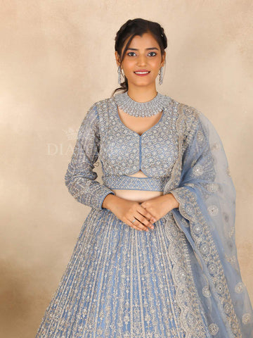 Blue Grey Bridal Lehenga for Women with Floral Embroidery - Diadem