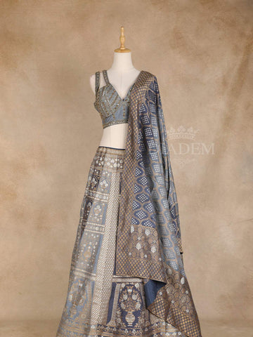 Blue Grey Lehenga Adorned with Floral Embroidery Designs with Sleeveless and Matching Dupatta - Diadem