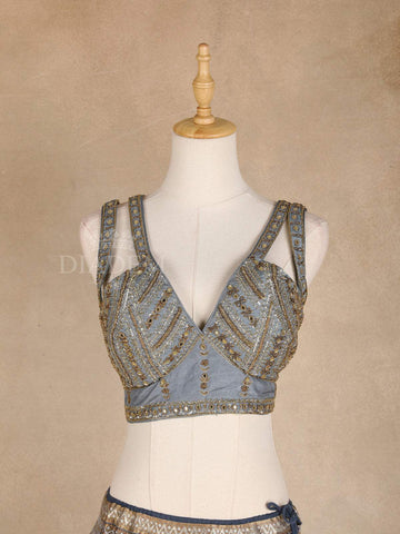 Blue Grey Lehenga Adorned with Floral Embroidery Designs with Sleeveless and Matching Dupatta - Diadem