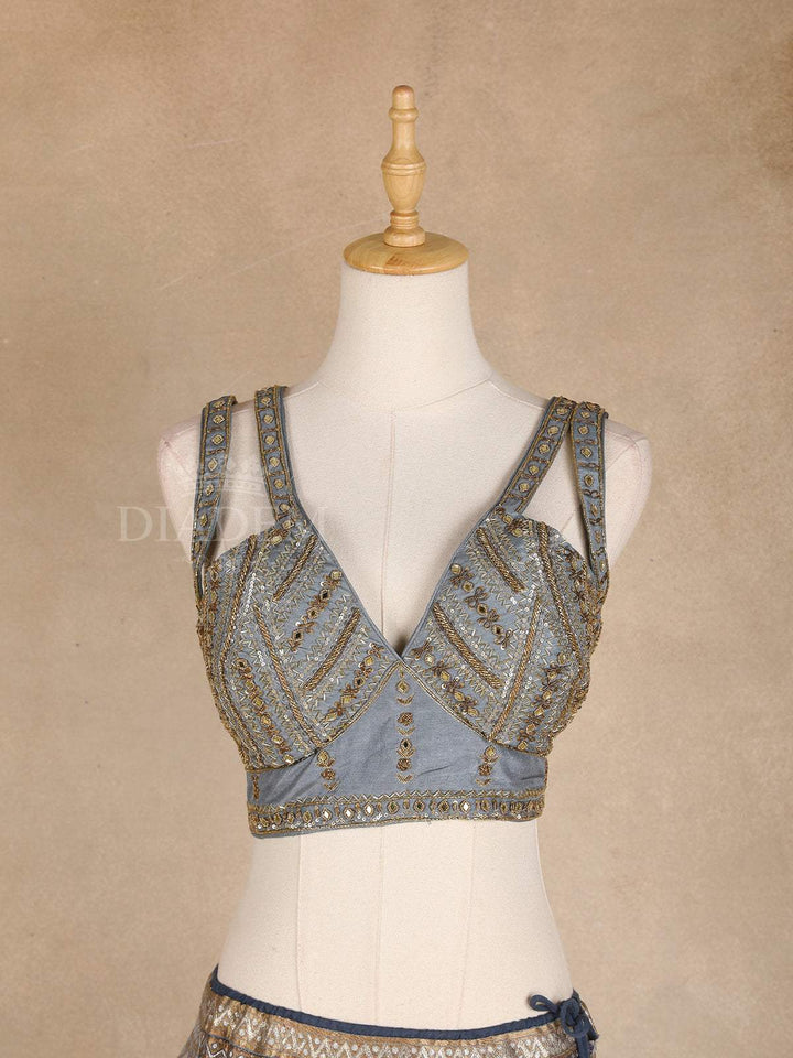 Blue Grey Lehenga Adorned with Floral Embroidery Designs with Sleeveless and Matching Dupatta - Diadem