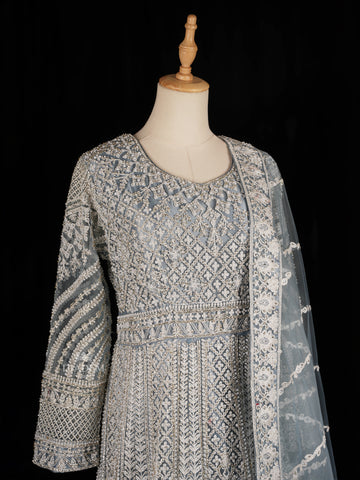 Blue Grey Gown with Floral Embroidery