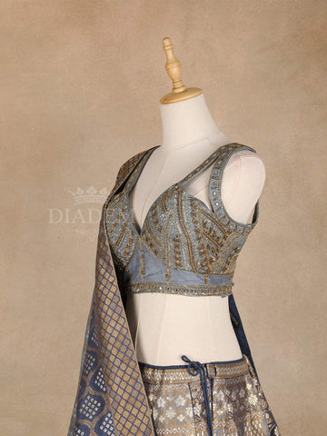 Blue Grey Lehenga Adorned with Floral Embroidery Designs with Sleeveless and Matching Dupatta - Diadem