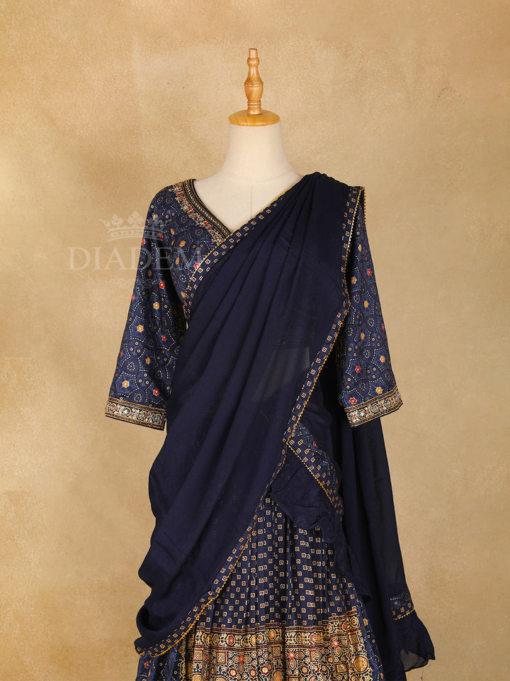 Dark Blue Lehenga Adorned with Geometric and Elephant Designs, with Matching Dupatta