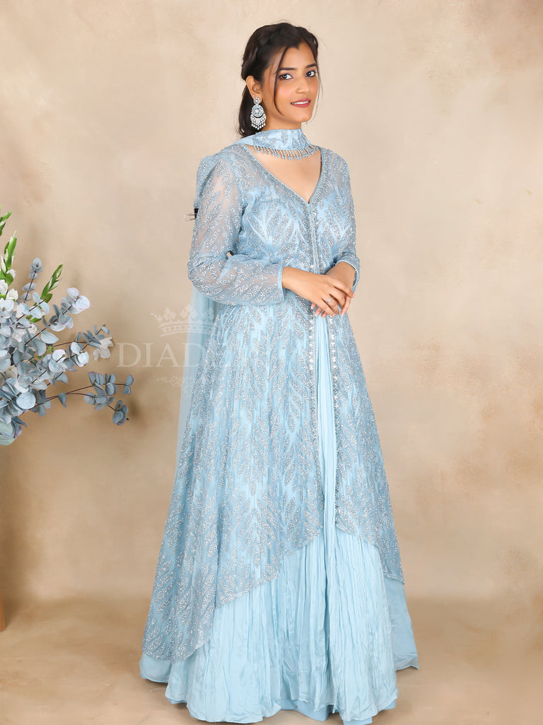 Leaf Pattern Glittery Blue Net Lehenga