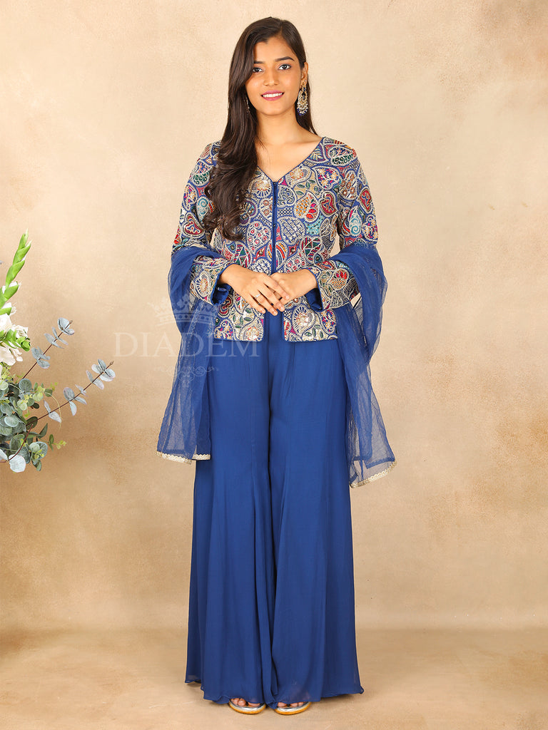 Blue Palazzo Suit with Leaf Design