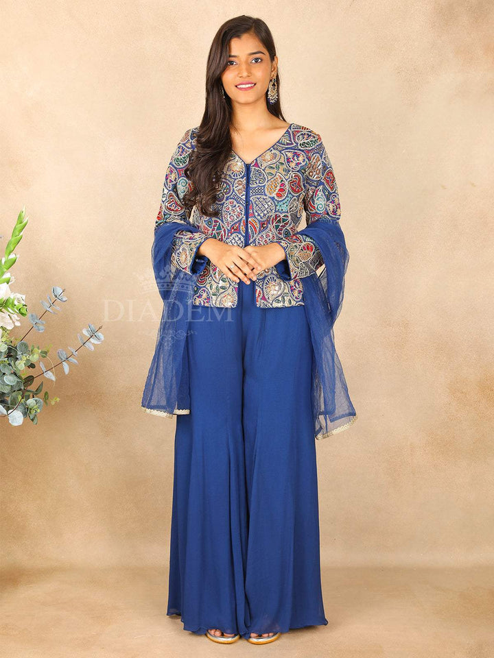 Blue Leaf Designed Palazzo Salwar Suit for Women - Diadem