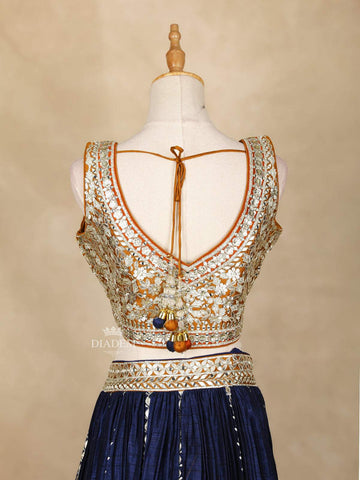 Dark Blue Lehenga Adorned with Embroidery and Stripes Designs, with Dupatta - Diadem