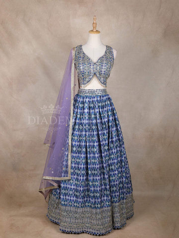 Blue Lehenga Adorned with Floral Embroidery Designs with Matching Dupatta and Sleeveless Blouse - Diadem